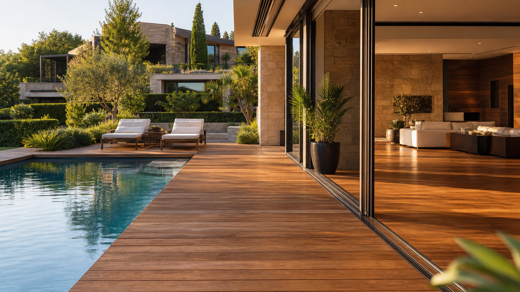 Luxury villa pool deck with wooden flooring