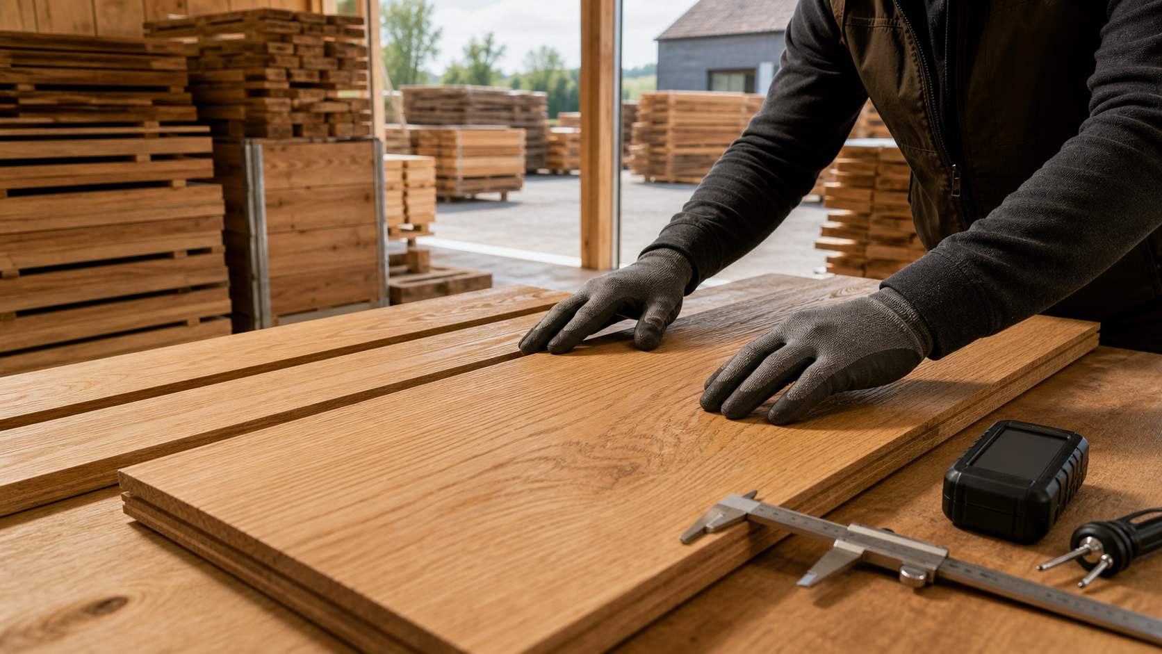 European oak planks being inspected for flooring quality