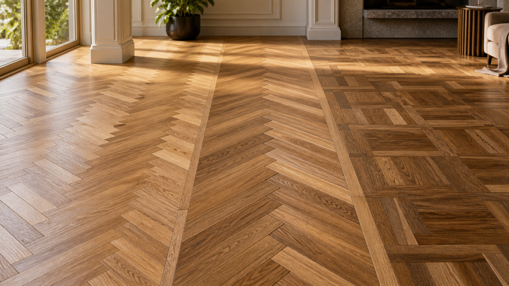 Wood flooring pattern samples including parquet and herringbone