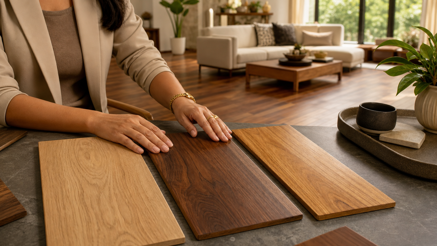 Designer selecting premium wooden flooring samples