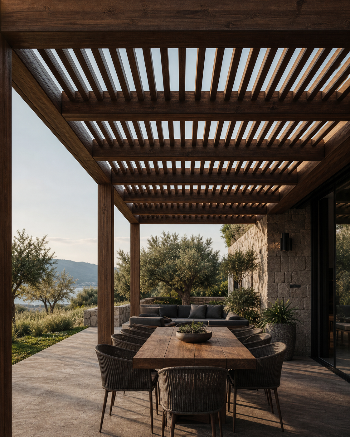 Luxury outdoor pergola and wood terrace setting